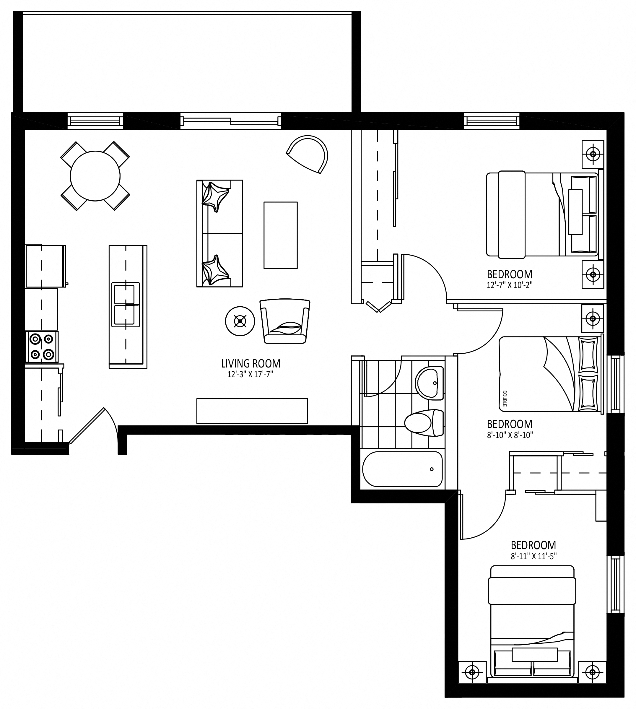 Floor plan for 3 beds, 1 bath, 865 sqft